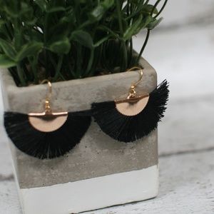 Black Fan Fringed Gold Earrings